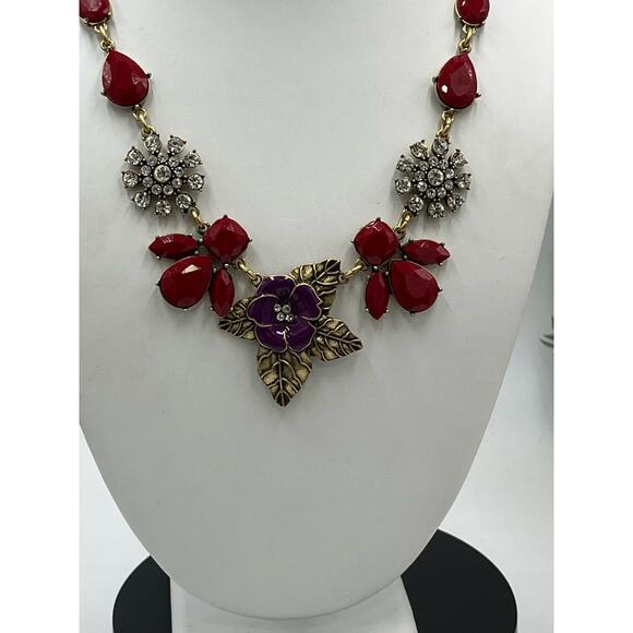 The Delta Box Red Purple Rhinestone Floral Statement Necklace Costume Jewelry - Picture 2 of 8